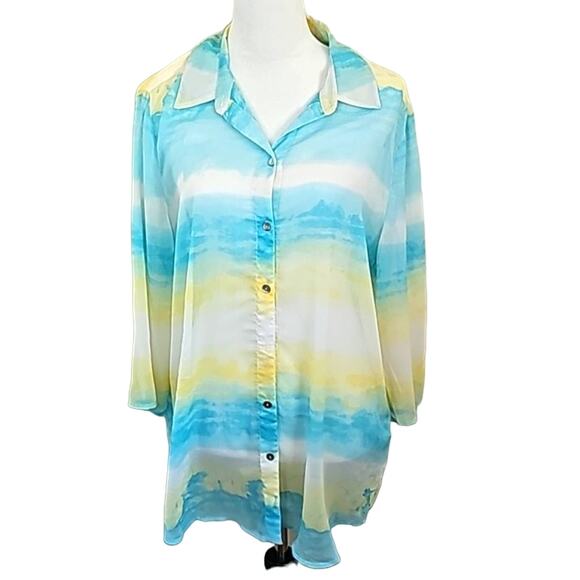 Chicos US Sz 12 Sheer Ombre Beachy Pool Cover-up Sheer Button Down TopSz 2 - Picture 1 of 11